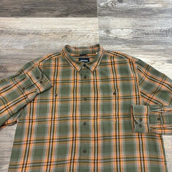 Prana Dolberg Flannel Green Tartan Plaid Mens‎ L Organic Cotton Button Up Shirt - Picture 1 of 10